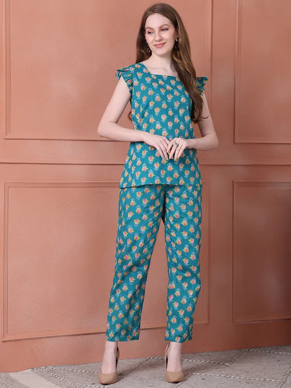 Teal_Cotton_Printed_Casual_Co-Ords_For_Women