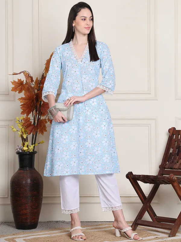 Turquoise_Blue_Cotton_Printed_Casual_Kurta_Sets_For_Women