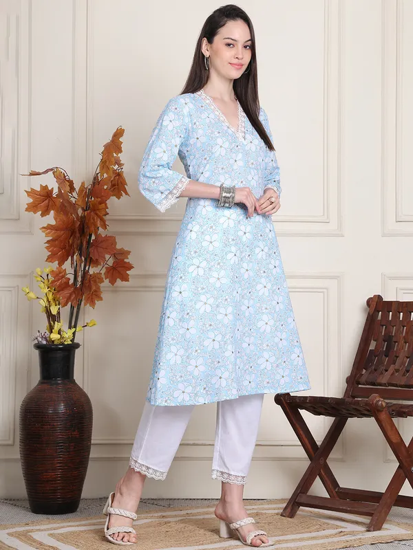 Turquoise_Blue_Cotton_Printed_Casual_Kurta_Sets_For_Women