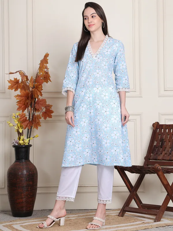 Turquoise_Blue_Cotton_Printed_Casual_Kurta_Sets_For_Women
