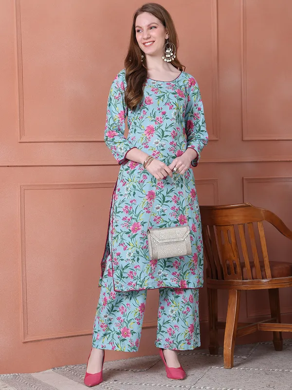 Turquoise_Blue_Cotton_Printed_Casual_Kurta_Sets_For_Women