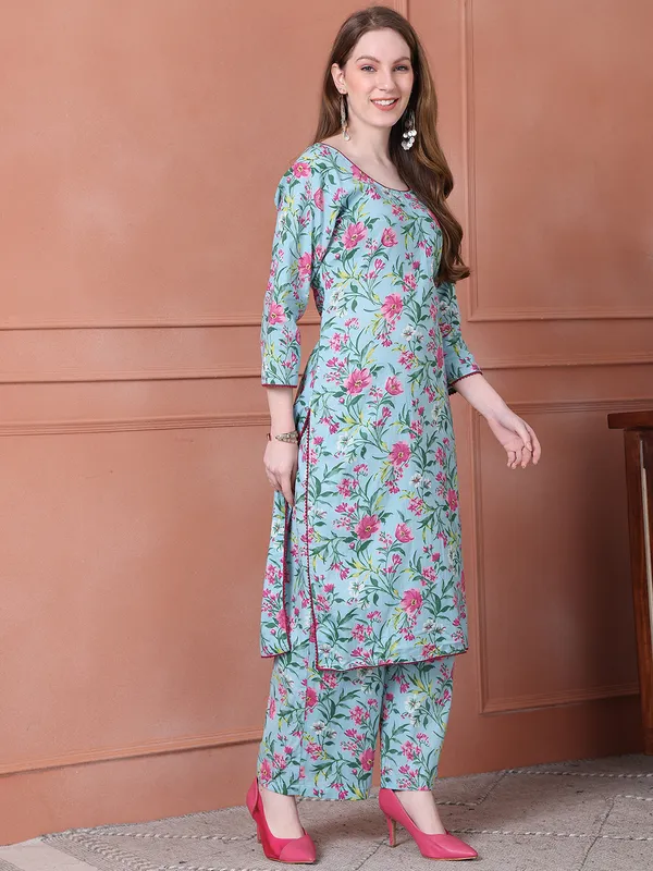 Turquoise_Blue_Cotton_Printed_Casual_Kurta_Sets_For_Women