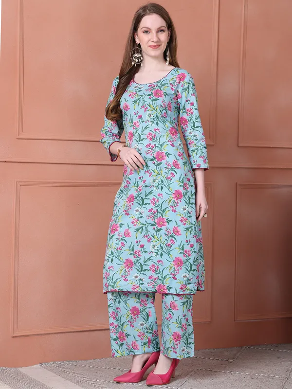 Turquoise_Blue_Cotton_Printed_Casual_Kurta_Sets_For_Women