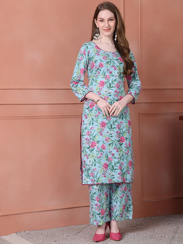 Turquoise_Blue_Cotton_Printed_Casual_Kurta_Sets_For_Women