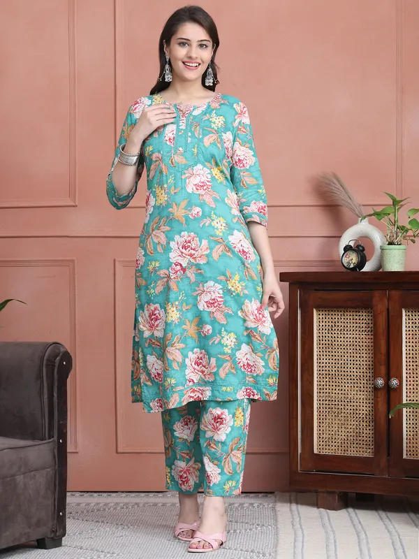 Green_Cotton_Printed_Casual_Kurta_Sets_For_Women