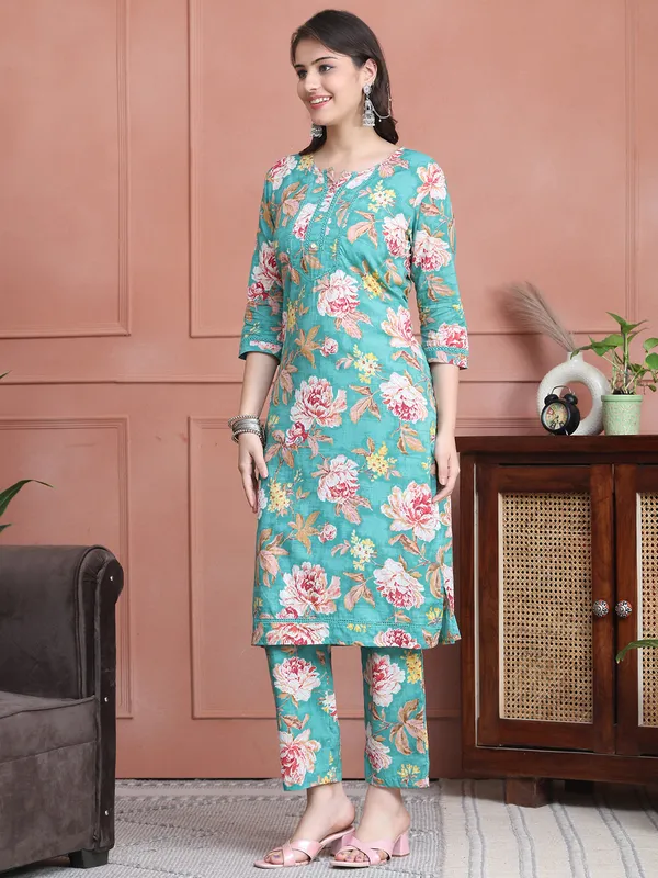 Green_Cotton_Printed_Casual_Kurta_Sets_For_Women