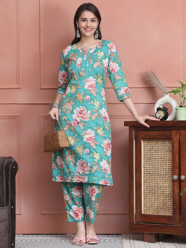 Green_Cotton_Printed_Casual_Kurta_Sets_For_Women