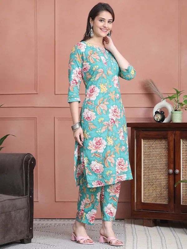 Green_Cotton_Printed_Casual_Kurta_Sets_For_Women