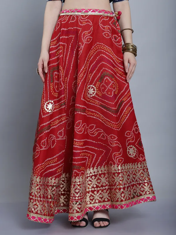 Red_Cotton_Kota_Doriya_Printed_Gota_Patti_Work_Skirt_For_Women