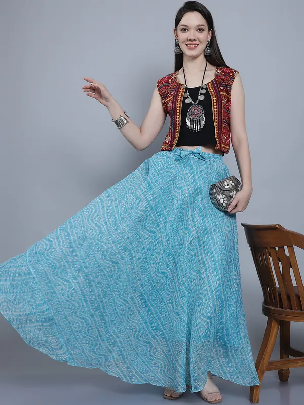 Turquoise_Cotton_Kota_Doriya_Printed_Casual_Skirt_For_Women