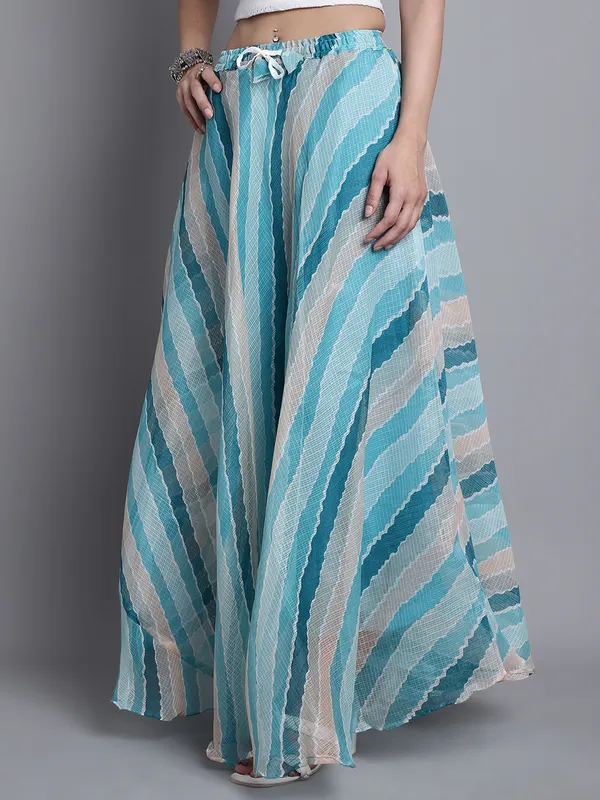 Turquoise_Cotton_Kota_Doriya_Printed_Casual_Skirt_For_Women
