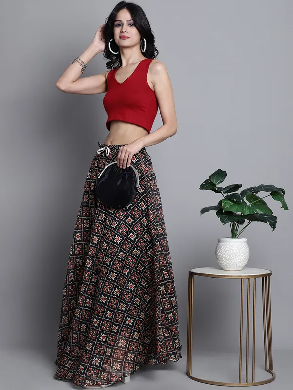 Black_Cotton_Kota_Doriya_Printed_Casual_Skirt_For_Women