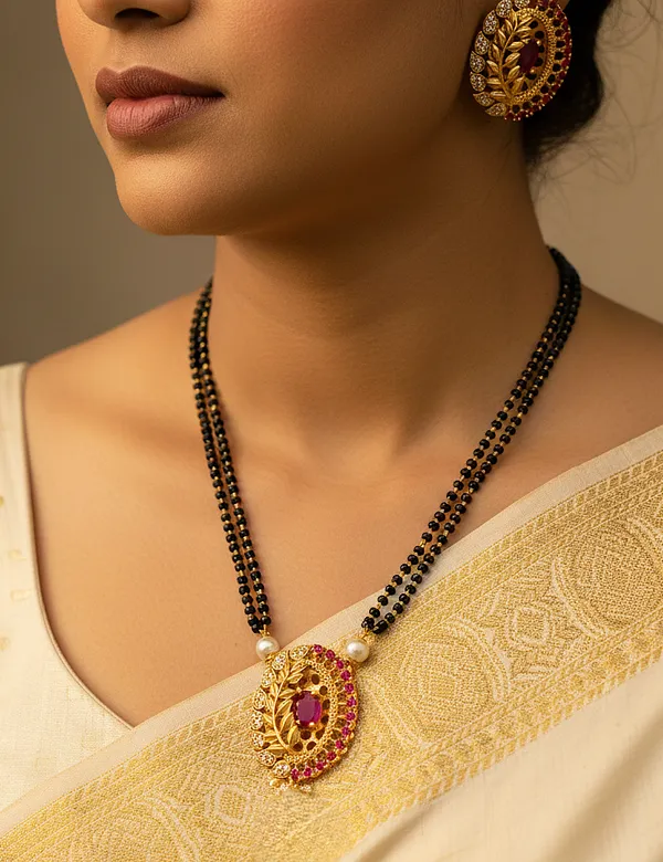 Stunning_Leaf_designed_Pendant_with_Earring_Mangalsutra_set