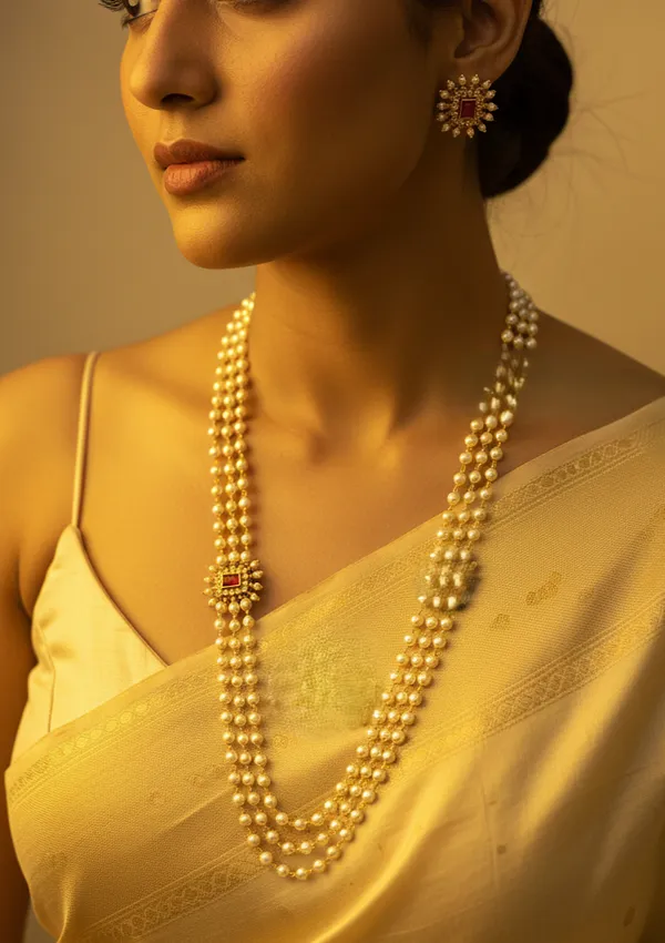 EVANI_DELICATE_ONE_SIDE_PENDANT_3_LAYERED_PEARL_MALA_WITH_STUD_EARRING