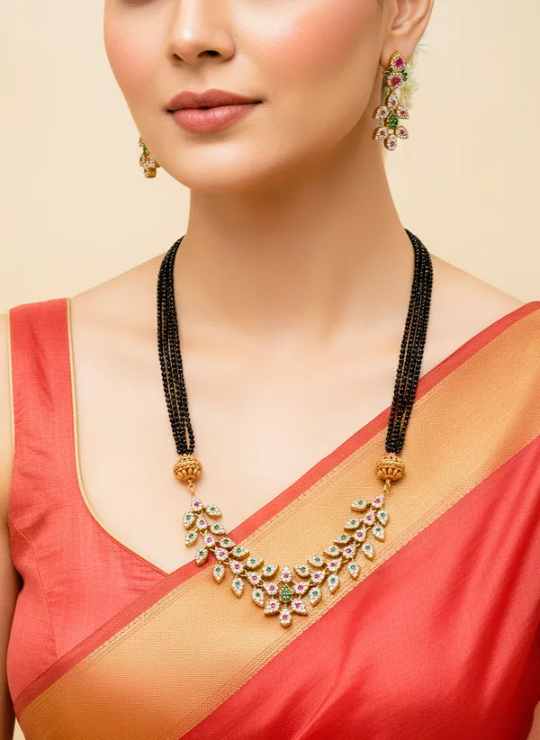 Ethnic_Matte_finish_AD_Leaf_Pendant_with_Mangalsutra_set