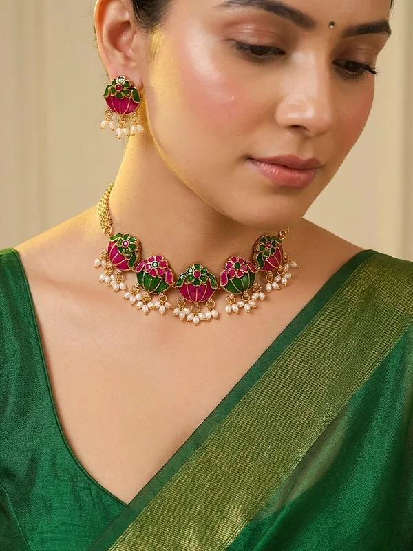 Pink_&_Green_Meenakari_Enamel_Choker_Set
