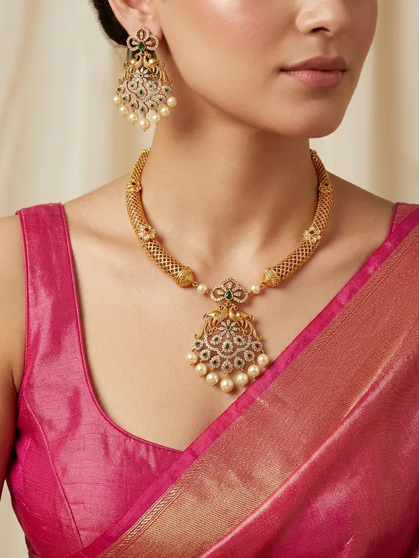 Shruti_Peacock_CZ_Antique_Necklace_Set