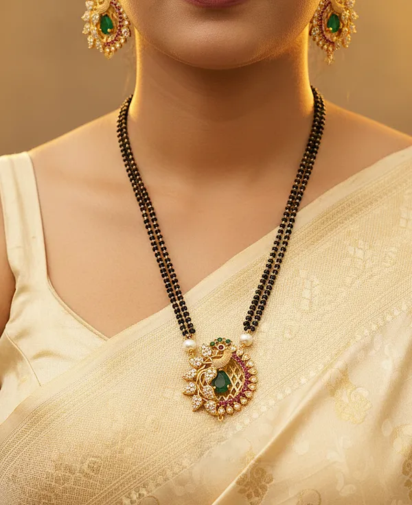 Elegant_Peacock_designed_Pendant_with_Earring_Mangalsutra_set
