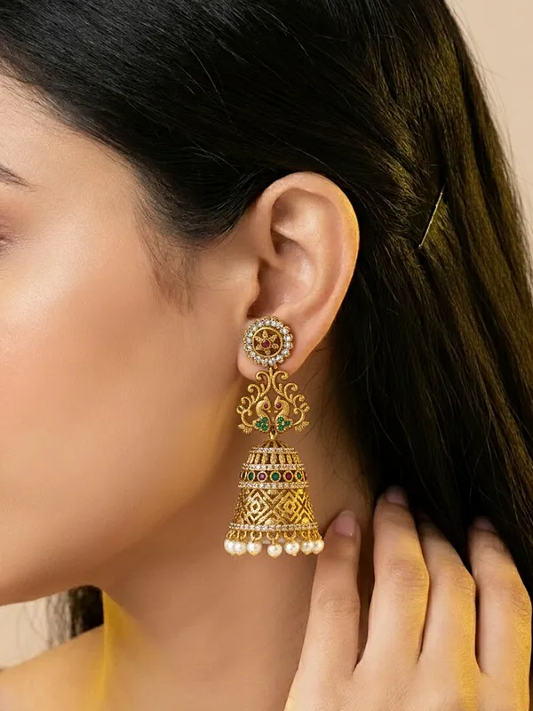 Antique_Gold_Plated_Floral_Peacock_Jhumki_Earrings