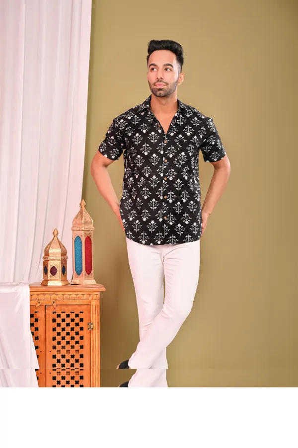Designer_Umbrella_Cut_FROCK_And_Men_Shirts_Pure_Cotton_BLACK_Printed_Couple_Combo_Set