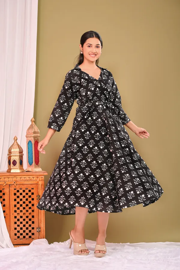 Designer_Umbrella_Cut_FROCK_And_Men_Shirts_Pure_Cotton_BLACK_Printed_Couple_Combo_Set