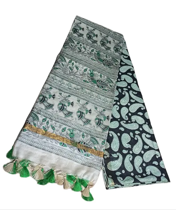 Black_Green_Madhubani_Print_Semi_Tussar_Soft_Silk_Saree_With_Atteched_Blouse_Piece_For_Women