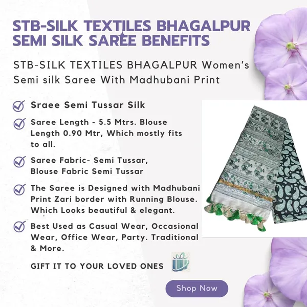 Black_Green_Madhubani_Print_Semi_Tussar_Soft_Silk_Saree_With_Atteched_Blouse_Piece_For_Women