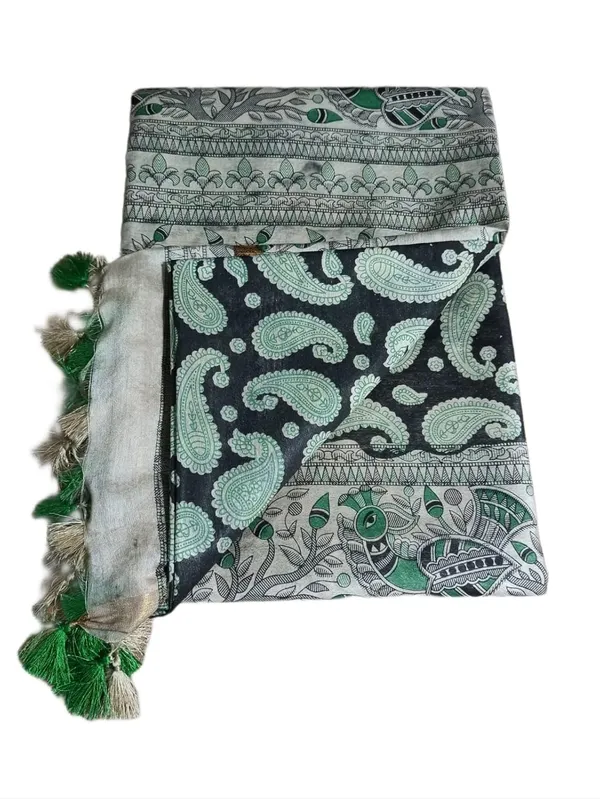 Black_Green_Madhubani_Print_Semi_Tussar_Soft_Silk_Saree_With_Atteched_Blouse_Piece_For_Women