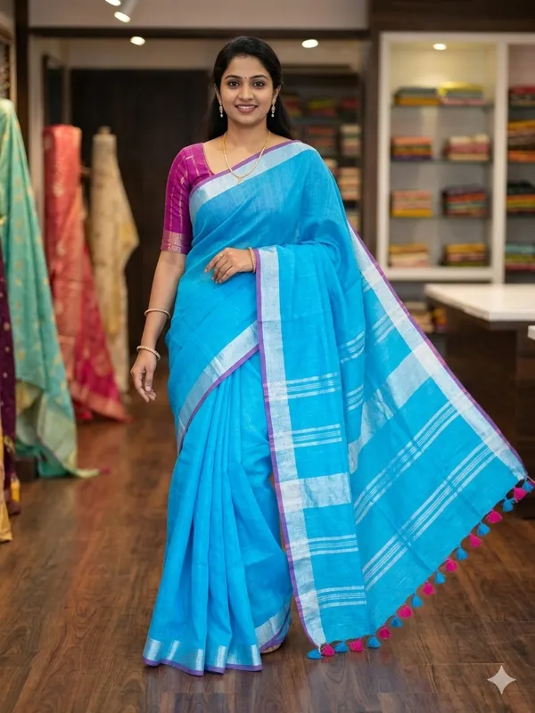 Firozy_Linen_Slub_Saree_With_Contrast_Blouse_Piece_For_Women