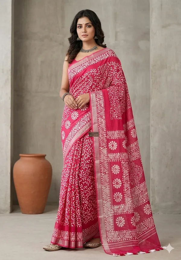 Pink_Batik_Print_Linen_Slub_Saree_With_Runnig_Blouse_Piece_For_Women