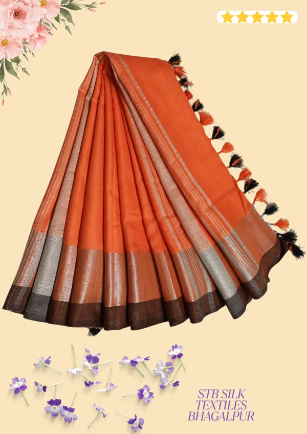 Orange_Bhagalpuri_Linen_Slub_Saree_With_Blouse_Piece_For_Women