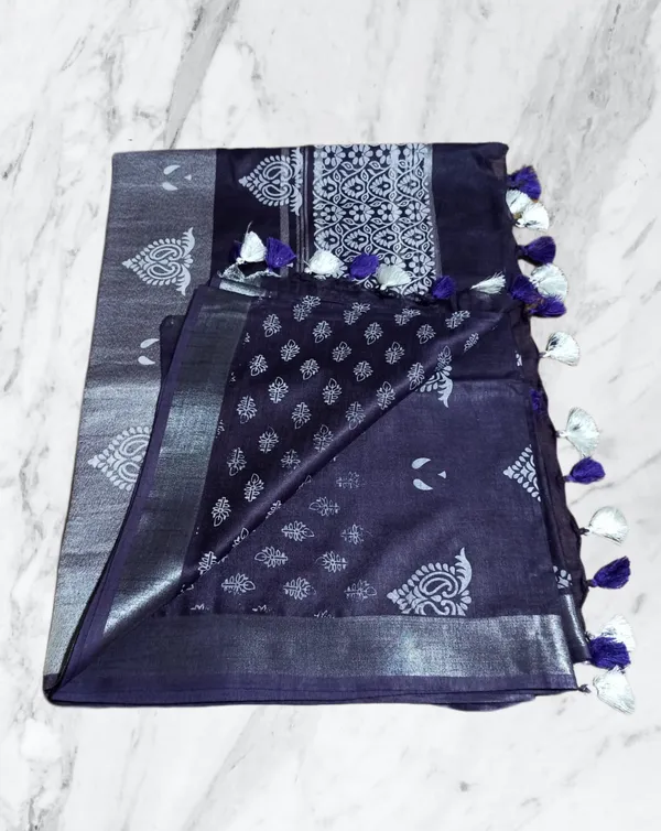 Purple_Bhagalpuri_Khari/Block_Print_Linen_Slub_Saree_With_Runnig_Blouse_Piece_For_Women
