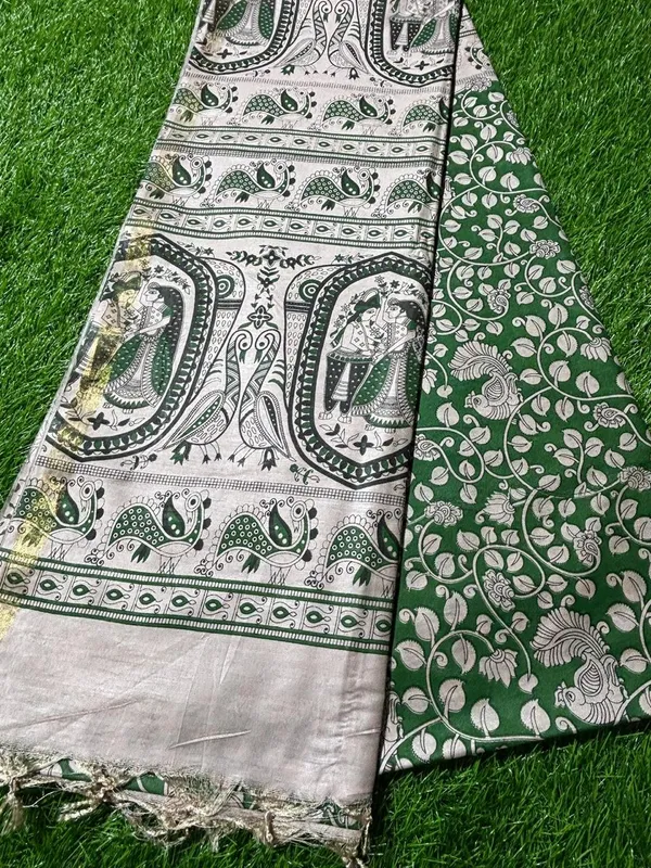 Green_Madhubani_Print_Semi_Tussar_Soft_Silk_Saree_With_Atteched_Blouse_Piece_For_Women
