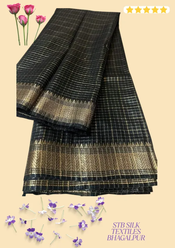 Women's_Bhagalpuri_Handwoven_Mini_Checks_Semi_Tussar_Soft_Silk_Saree_With_Designer_Zari_Border_Weaving,_Unstitched_Running_Blouse_Piece