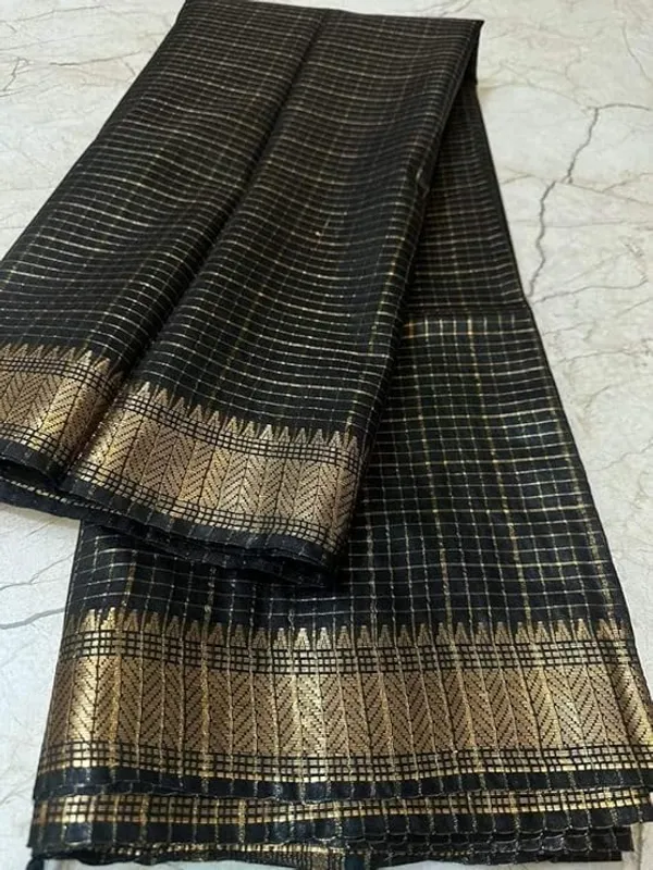 Women's_Bhagalpuri_Handwoven_Mini_Checks_Semi_Tussar_Soft_Silk_Saree_With_Designer_Zari_Border_Weaving,_Unstitched_Running_Blouse_Piece