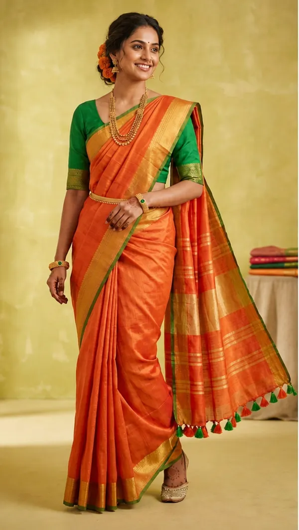 Orange_Linen_Slub_Saree_Wih_Contrast_Blouse_Piece_For_Women