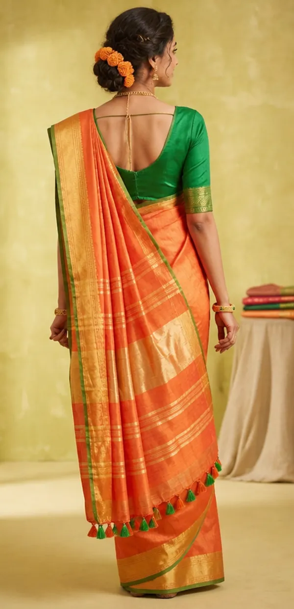 Orange_Linen_Slub_Saree_Wih_Contrast_Blouse_Piece_For_Women