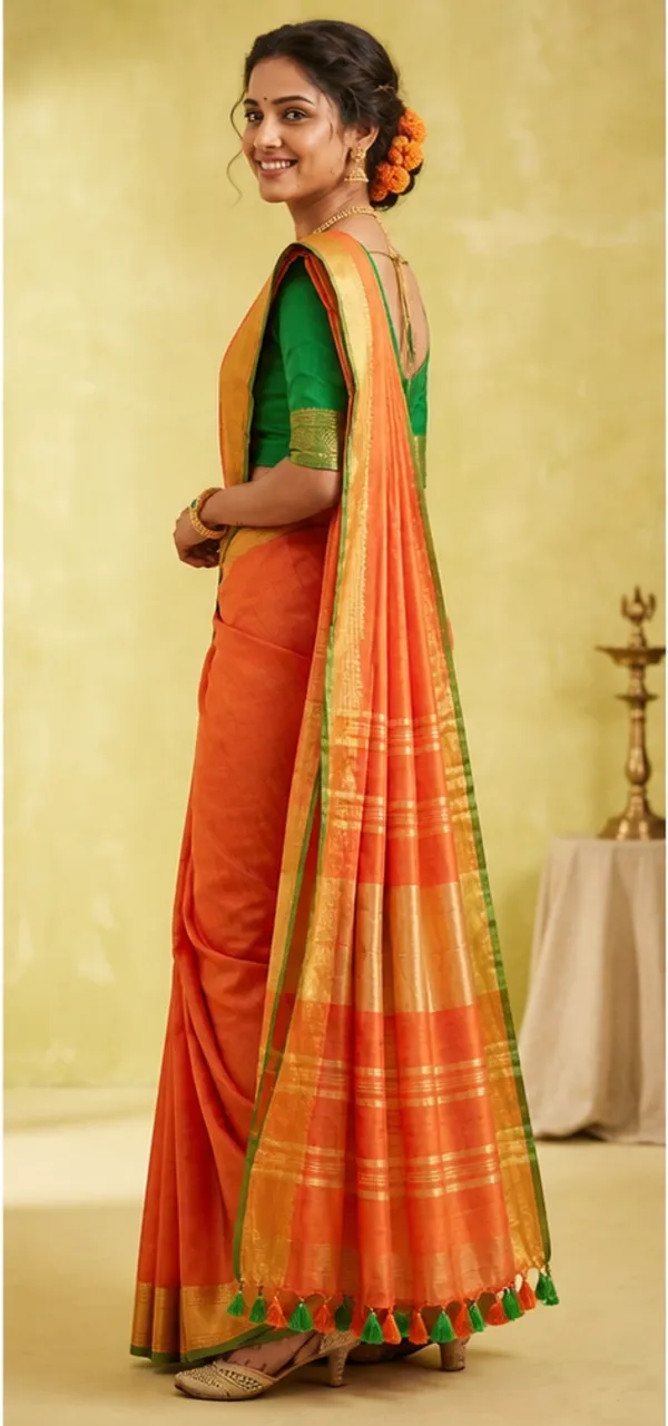 Orange_Linen_Slub_Saree_Wih_Contrast_Blouse_Piece_For_Women