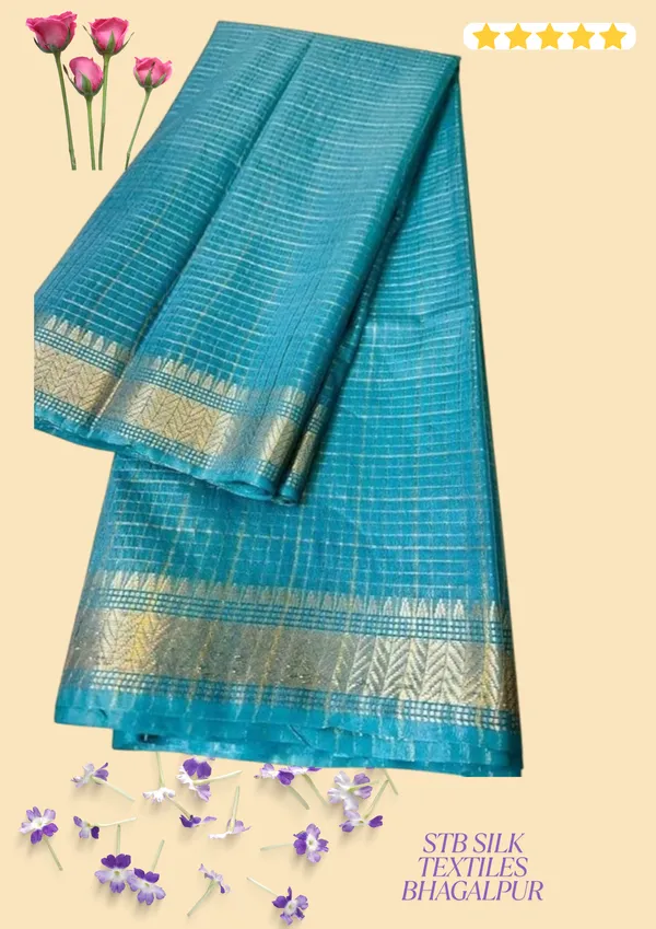 Women's_Bhagalpuri_Handwoven_Mini_Checks_Semi_Tussar_Soft_Silk_Saree_With_Designer_Zari_Border_Weaving,_Unstitched_Running_Blouse_Piece