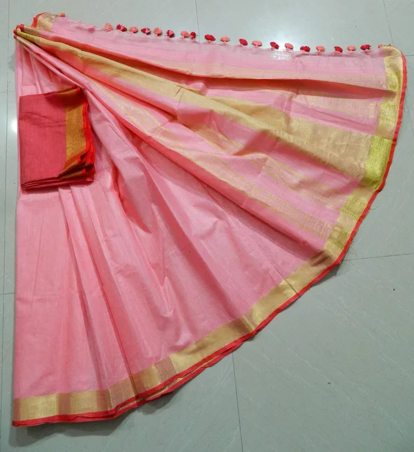 Peach_Women's_Linen_Slub_Saree_With_Contrast_Blouse_Piece