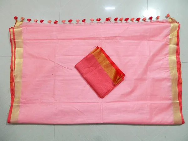 Peach_Women's_Linen_Slub_Saree_With_Contrast_Blouse_Piece