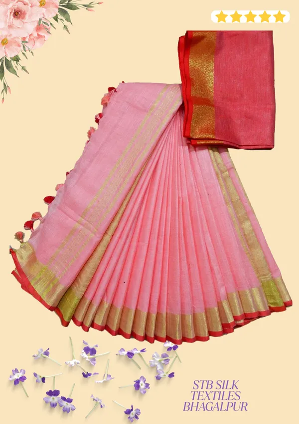 Peach_Women's_Linen_Slub_Saree_With_Contrast_Blouse_Piece