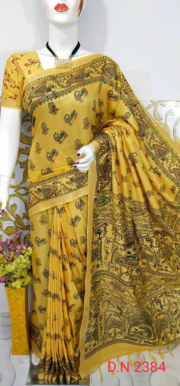 Women's_Semi_Tussar_Silk_Madhubani_Print_Saree_With_Running_Blouse_Piece