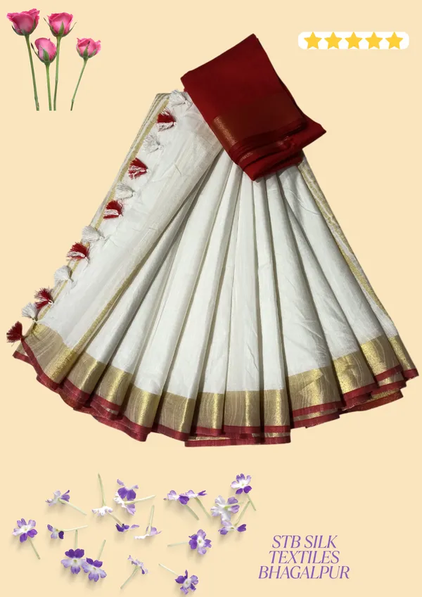 White_Linen_Slub_White_Color_Saree_With_Contrast_Blouse_Piece_For_Women
