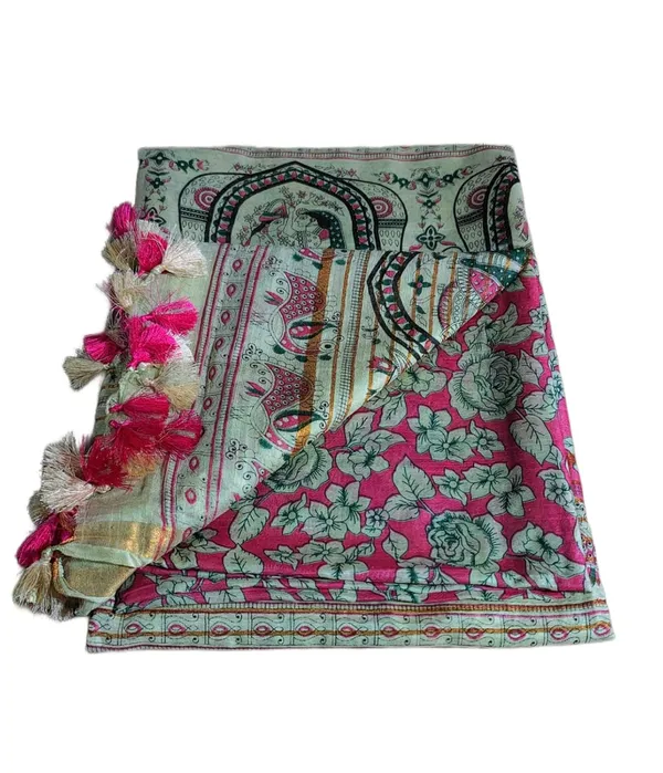 Pink_Green_Madhubani_Print_Semi_Tussar_Soft_Silk_Saree_With_Atteched_Blouse_Piece_For_Women