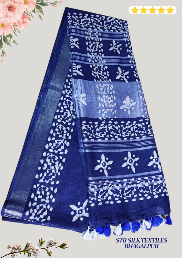 Blue_Silver_Zari_Border_Cotton_Linen_Saree_With_Hand_Batique_Print_Unstitched_Running_Blouse_Piece_For_Women