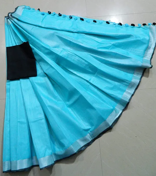 Firozy_Firozy_Color_Linen_Slub_Saree_With_Unstiched_Blouse_Piece_For_Women