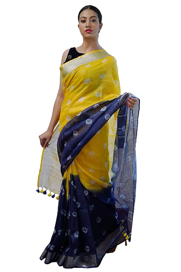 Yellow_Blue_Linen_Saree_With_Blouse_Piece_For_Women