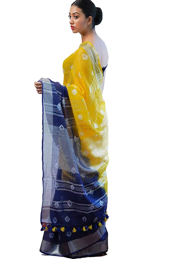 Yellow_Blue_Linen_Saree_With_Blouse_Piece_For_Women