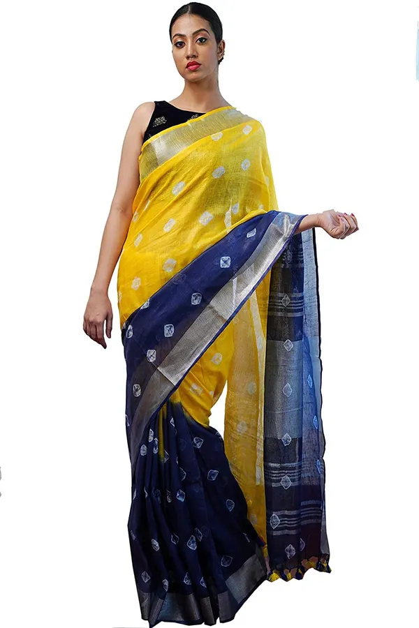 Yellow_Blue_Linen_Saree_With_Blouse_Piece_For_Women